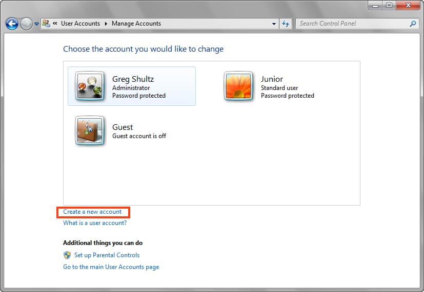 Windows 7 account - create, change, delete