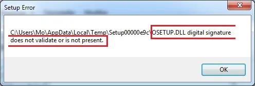 Исправить ошибку: osetup.dll digital signature does not validate or is not present