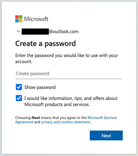 create a password - Microsoft