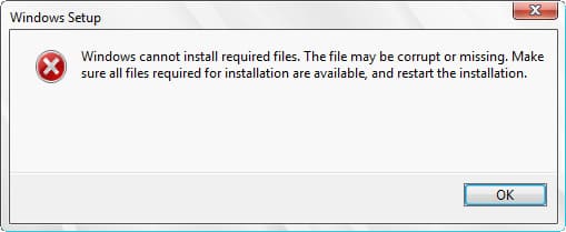 Windows cannot install the required files