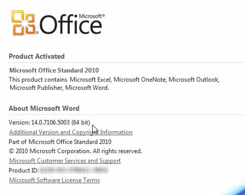 Help menu MS Office Standard 2010