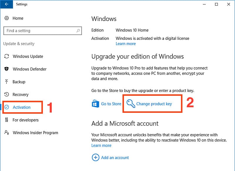 Windows 10 Activation menu