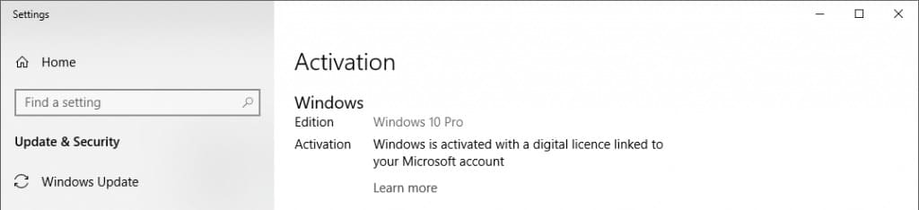Windows 10 Pro activation window